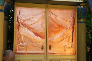 These doors are copper repoussé by the artist Lee Graham, also known as Dancing Raya.