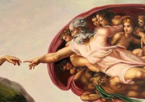 In Michelangelo's famous Cistine Chapel painting, Wisdom (Sophia) nestles in the crook of Jehovah's left arm during Creation