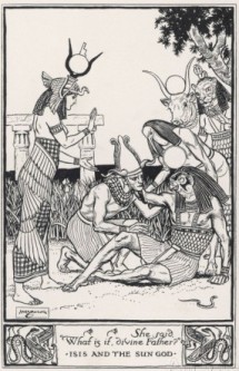 A vintage illustration of Isis learning the name of Re by H. m. Brock.