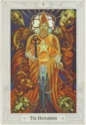 The Hierophant from the Thoth tarot deck; the Hierophant is the High Priest at Eleusis, and of the Eumolpid family