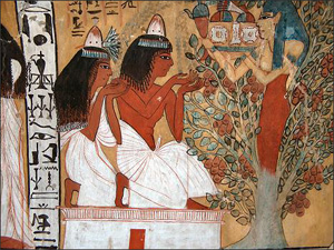 Egyptian woman and man taking sustenance in the otherworld